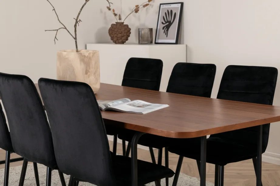 Pähklivineerist ristkülikukujuline söögilaud Uno (200×90 cm) koos musta sametkattega söögitoolidega Windu, GR22402 – 8