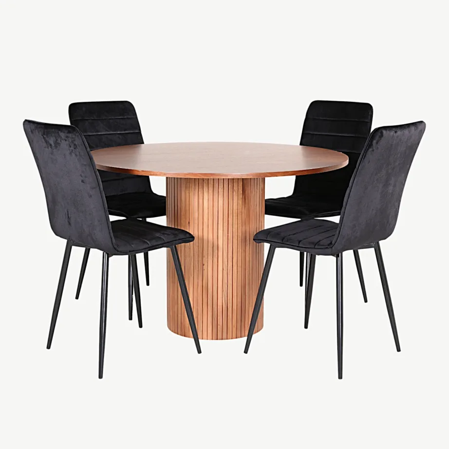 Ümmargune söögilauakomplekt Bianca pähklivineeriga ja mustade sametist toolidega Windu (1 laud + 4 tooli), GR22496