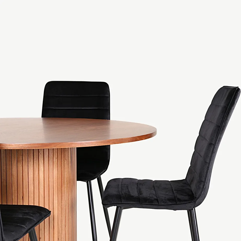 Ümmargune söögilauakomplekt Bianca pähklivineeriga ja mustade sametist toolidega Windu (1 laud + 4 tooli), GR22496 – 2