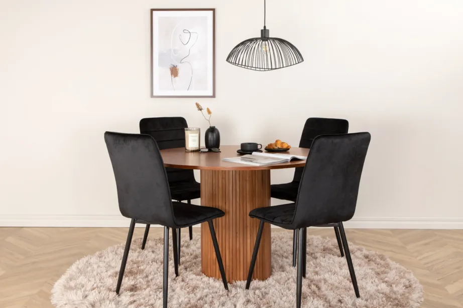 Ümmargune söögilauakomplekt Bianca pähklivineeriga ja mustade sametist toolidega Windu (1 laud + 4 tooli), GR22496 – 4