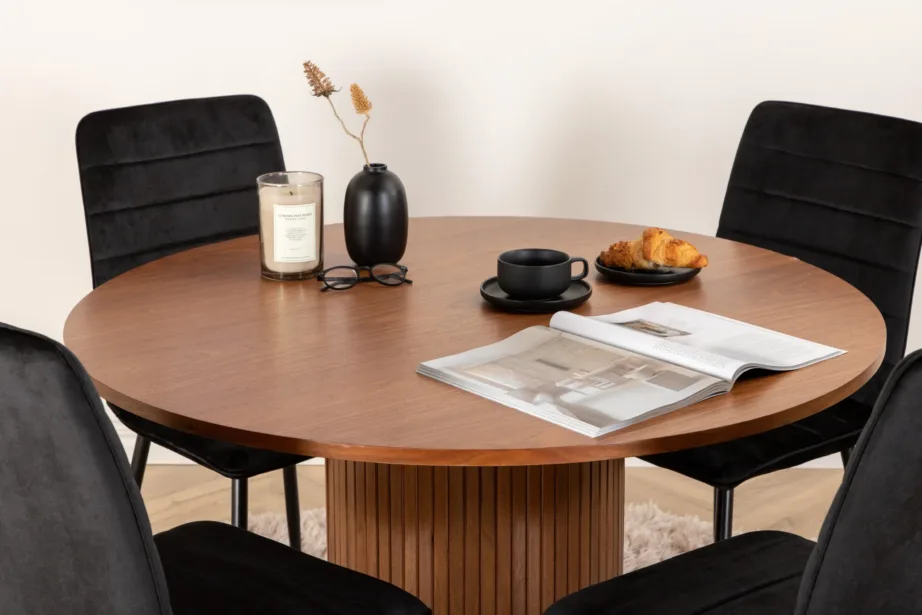 Ümmargune söögilauakomplekt Bianca pähklivineeriga ja mustade sametist toolidega Windu (1 laud + 4 tooli), GR22496 – 5