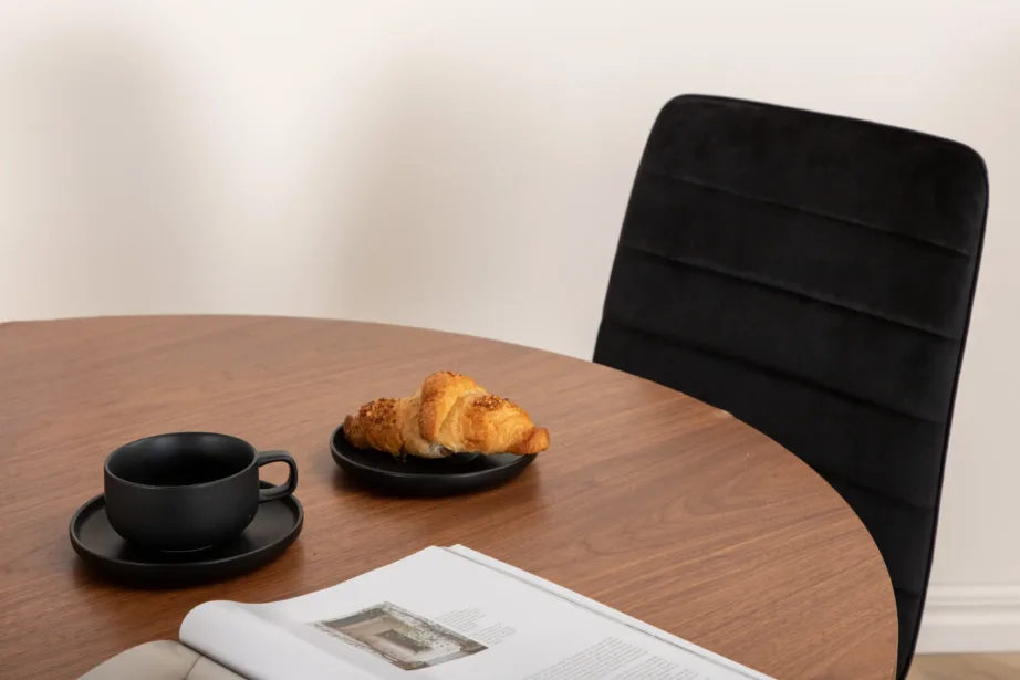 Ümmargune söögilauakomplekt Bianca pähklivineeriga ja mustade sametist toolidega Windu (1 laud + 4 tooli), GR22496 – 8