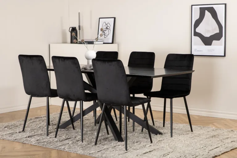 Piazza söögitoakomplekt – musta viimistlusega MDF laud ja 6 sametkattega tooli - GR22529