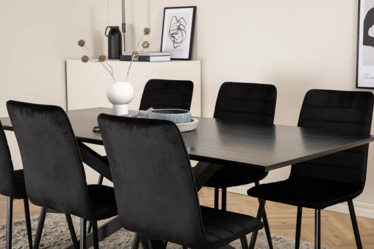 Piazza söögitoakomplekt – musta viimistlusega MDF laud ja 6 sametkattega tooli - GR22529