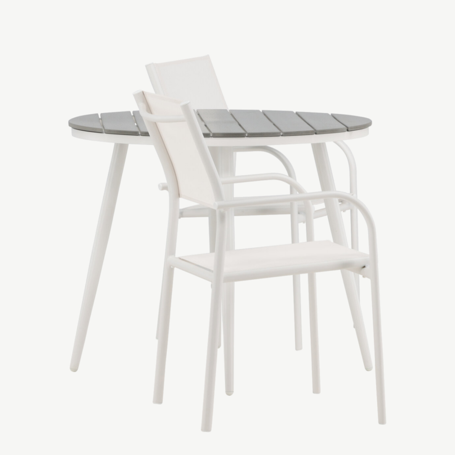 Break ümmargune välimööbli söögikomplekt – hall puitplastkomposiit laud ja valged virnastatavad toolid, GR22684 – 2