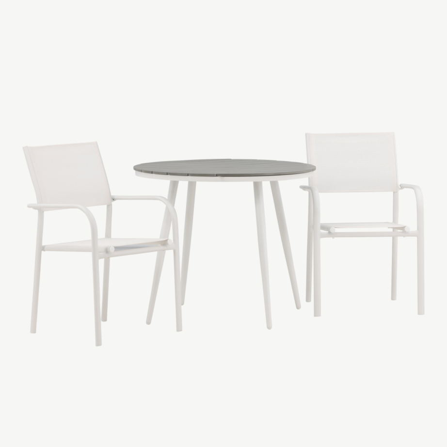 Break ümmargune välimööbli söögikomplekt – hall puitplastkomposiit laud ja valged virnastatavad toolid, GR22684 – 3