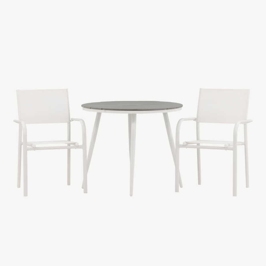 Break ümmargune välimööbli söögikomplekt – hall puitplastkomposiit laud ja valged virnastatavad toolid, GR22684 – 4