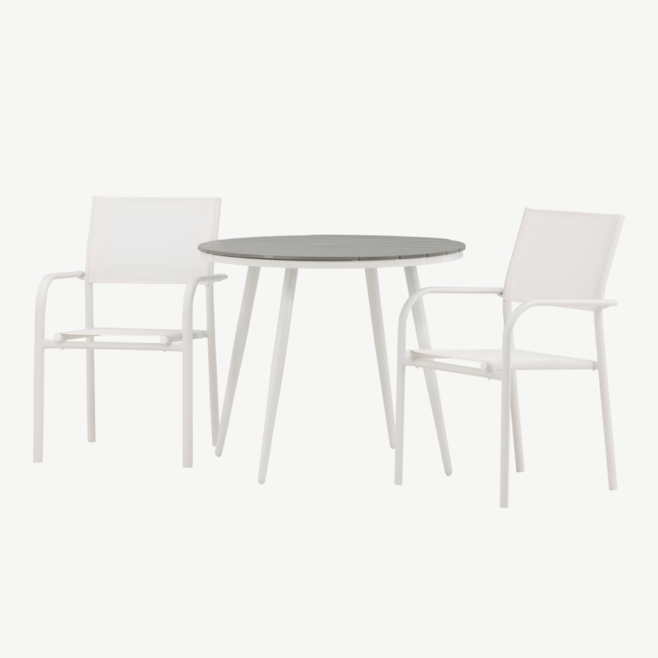 Break ümmargune välimööbli söögikomplekt – hall puitplastkomposiit laud ja valged virnastatavad toolid, GR22684 – 5