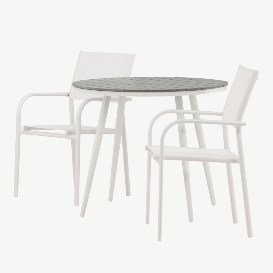 Break ümmargune välimööbli söögikomplekt – hall puitplastkomposiit laud ja valged virnastatavad toolid, GR22684 – 6