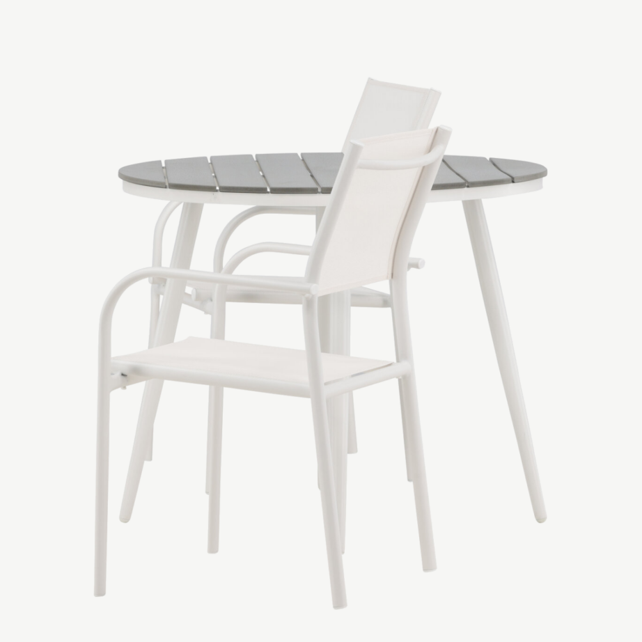 Break ümmargune välimööbli söögikomplekt – hall puitplastkomposiit laud ja valged virnastatavad toolid, GR22684 – 7
