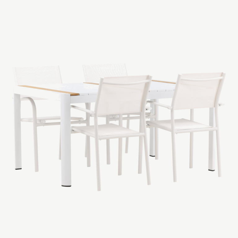 Togo söögilaud (valge/tiigipuu, 150 × 90 cm) koos Santorini virnastatavate aiatoolidega (valge alumiinium, valge tekstiil) - GR22744
