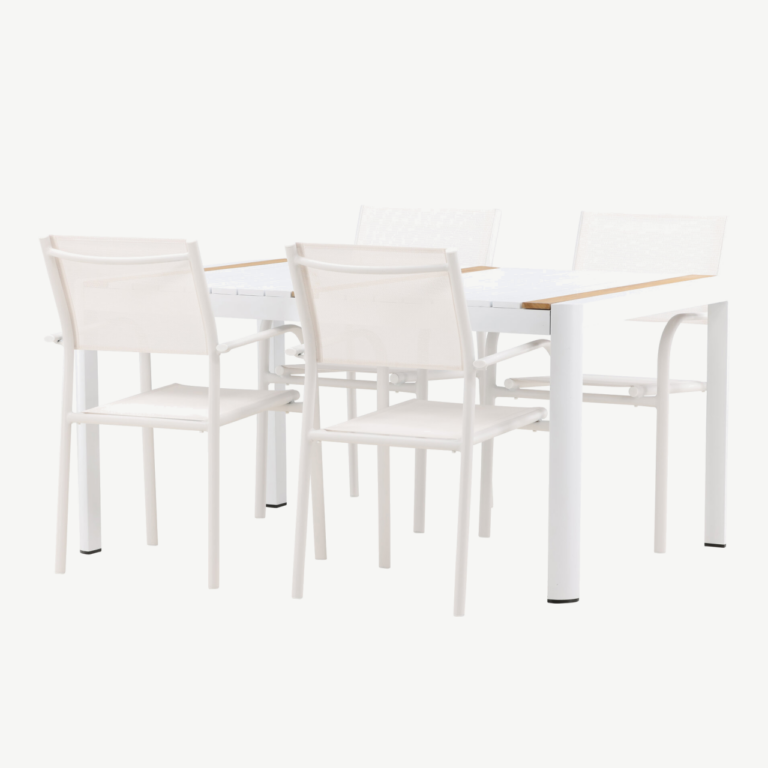 Togo söögilaud (valge/tiigipuu, 150 × 90 cm) koos Santorini virnastatavate aiatoolidega (valge alumiinium, valge tekstiil) - GR22744