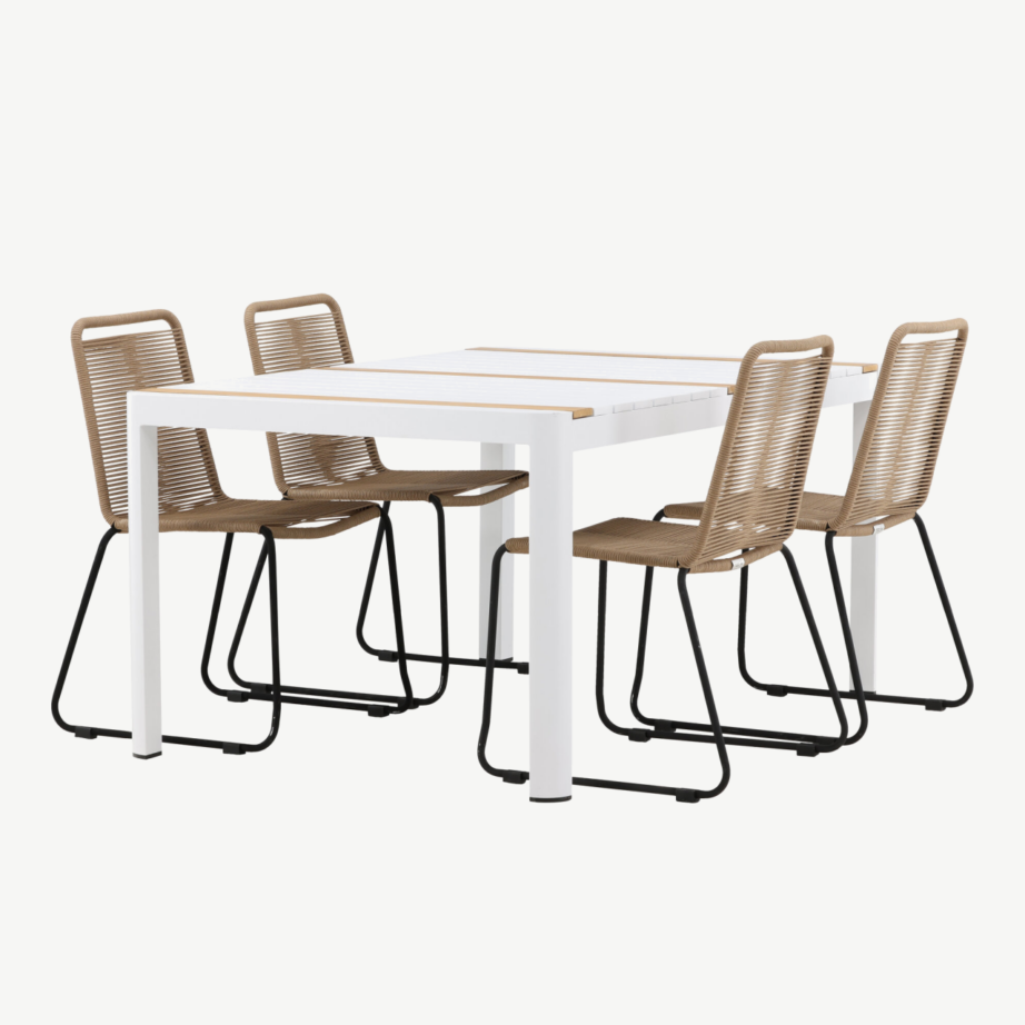 Togo aiaga söögilaud (valge alumiinium, tiigipuit, 150x90cm) ja Lindos toolid (beež köis, must terasraam), GR22746 – 2