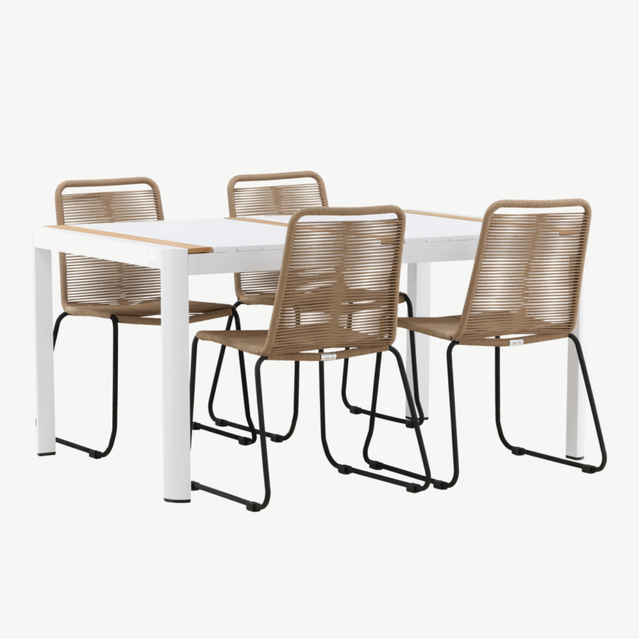 Togo aiaga söögilaud (valge alumiinium, tiigipuit, 150x90cm) ja Lindos toolid (beež köis, must terasraam), GR22746 – 3