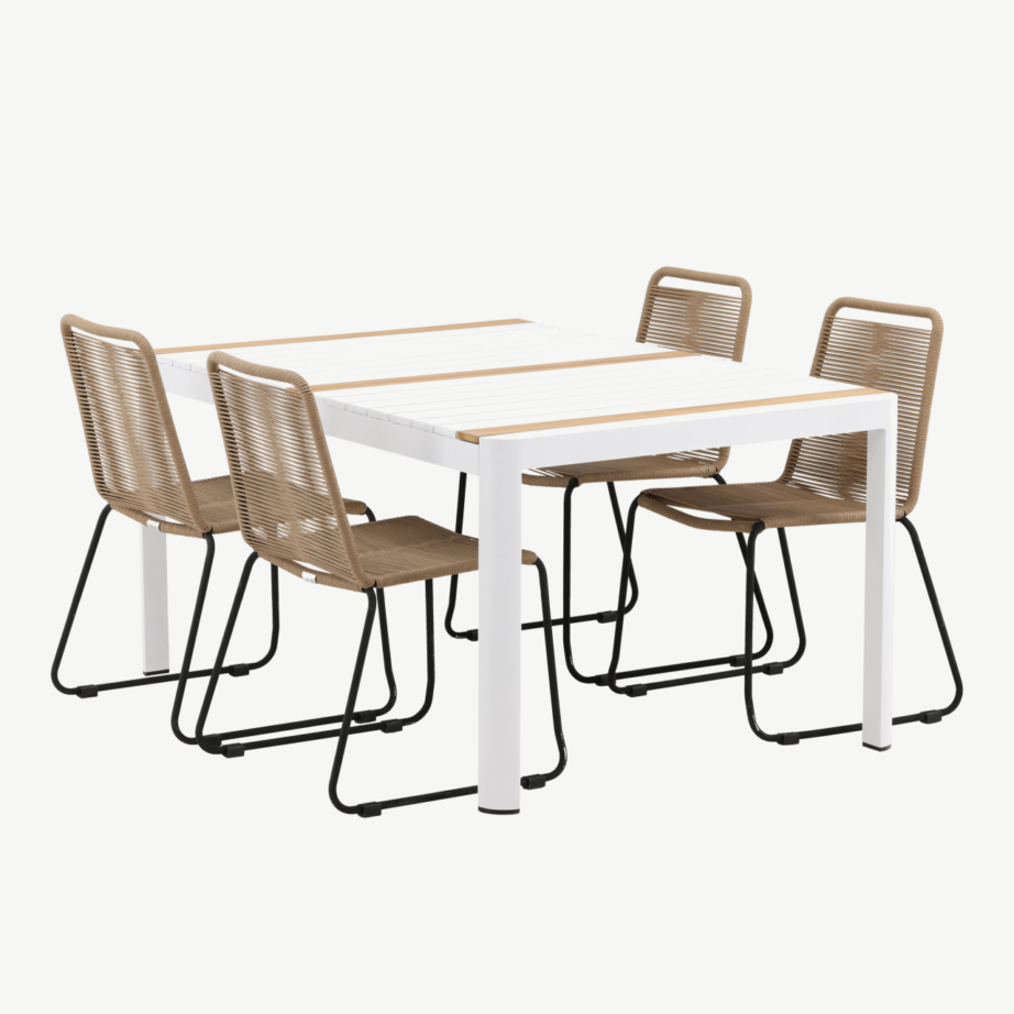 Togo aiaga söögilaud (valge alumiinium, tiigipuit, 150x90cm) ja Lindos toolid (beež köis, must terasraam), GR22746 – 4