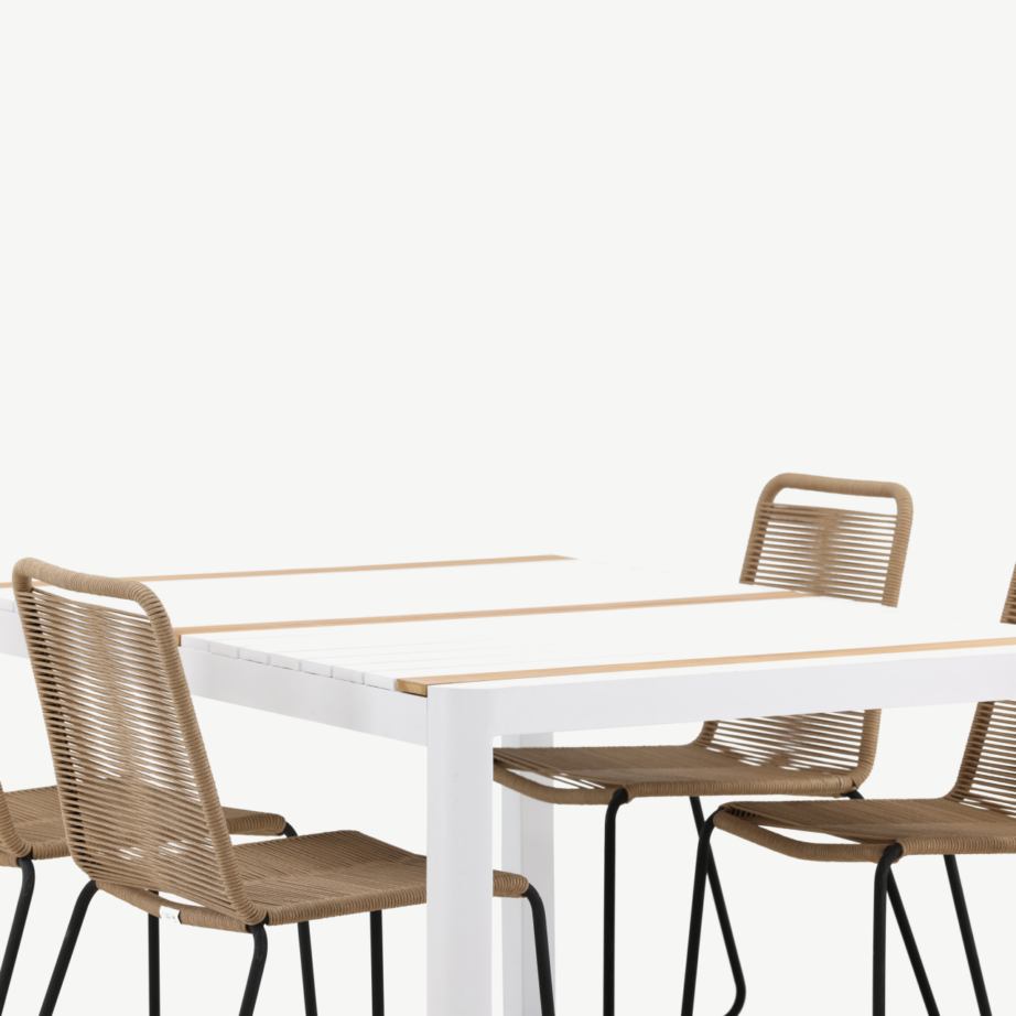 Togo aiaga söögilaud (valge alumiinium, tiigipuit, 150x90cm) ja Lindos toolid (beež köis, must terasraam), GR22746 – 5