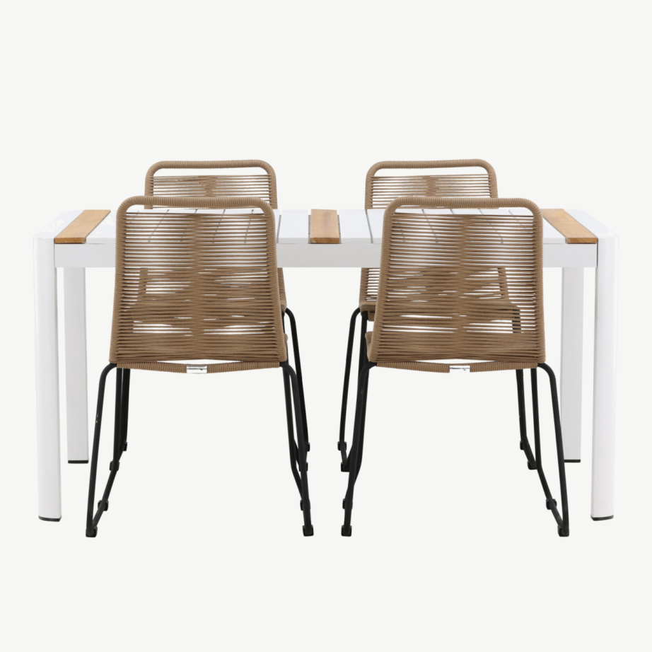 Togo aiaga söögilaud (valge alumiinium, tiigipuit, 150x90cm) ja Lindos toolid (beež köis, must terasraam), GR22746 – 6