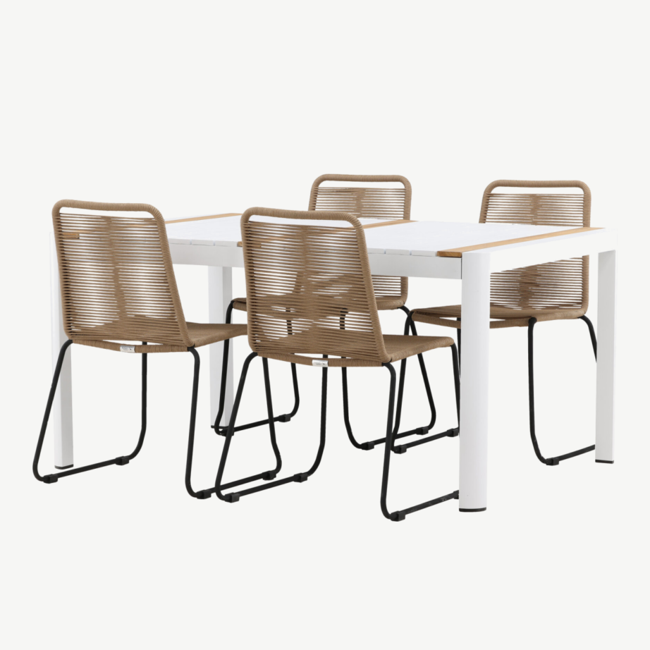 Togo aiaga söögilaud (valge alumiinium, tiigipuit, 150x90cm) ja Lindos toolid (beež köis, must terasraam), GR22746 – 7