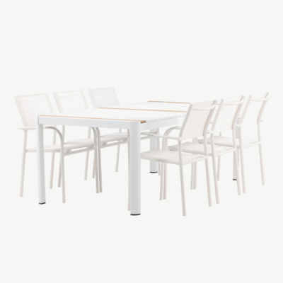Togo aiaköögi söögilaud (valge/tiigipuu, 200×100 cm) ja Santorini virnastatavad toolid (valge alumiinium, tekstiilne iste) - GR22756