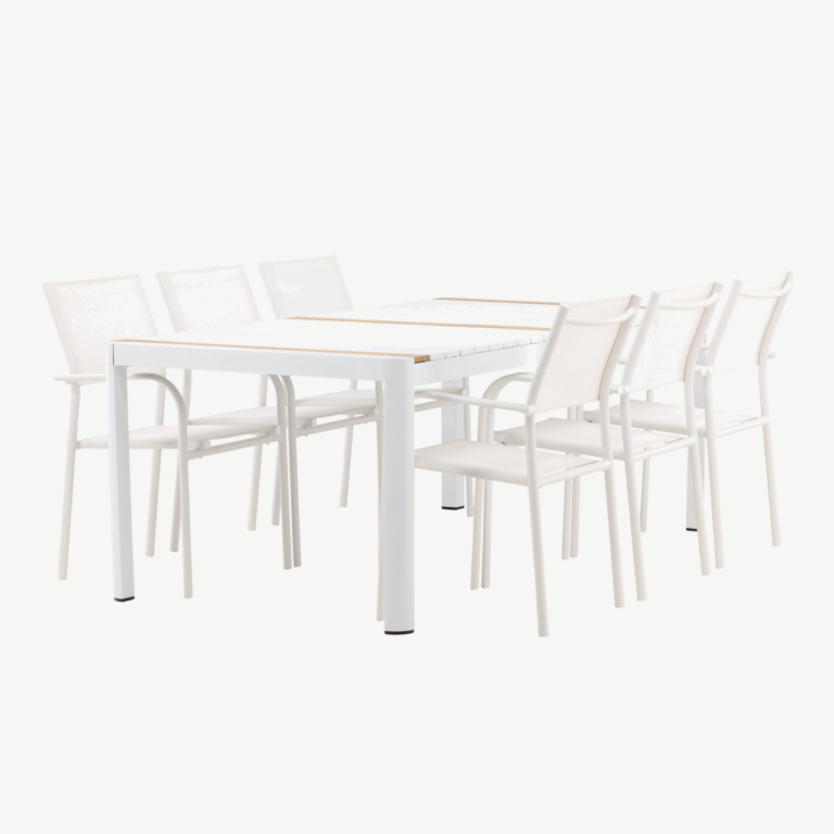 Togo aiaköögi söögilaud (valge/tiigipuu, 200×100 cm) ja Santorini virnastatavad toolid (valge alumiinium, tekstiilne iste) - GR22756