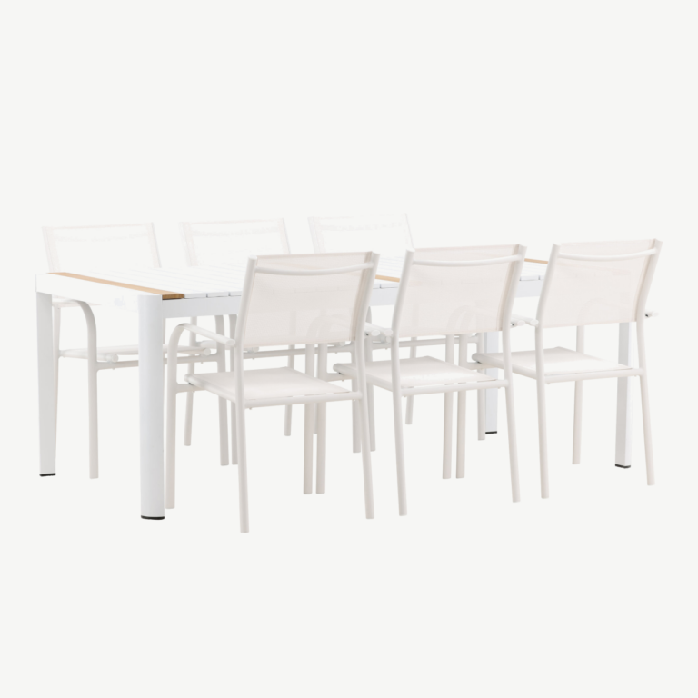 Togo aiaköögi söögilaud (valge/tiigipuu, 200×100 cm) ja Santorini virnastatavad toolid (valge alumiinium, tekstiilne iste) - GR22756