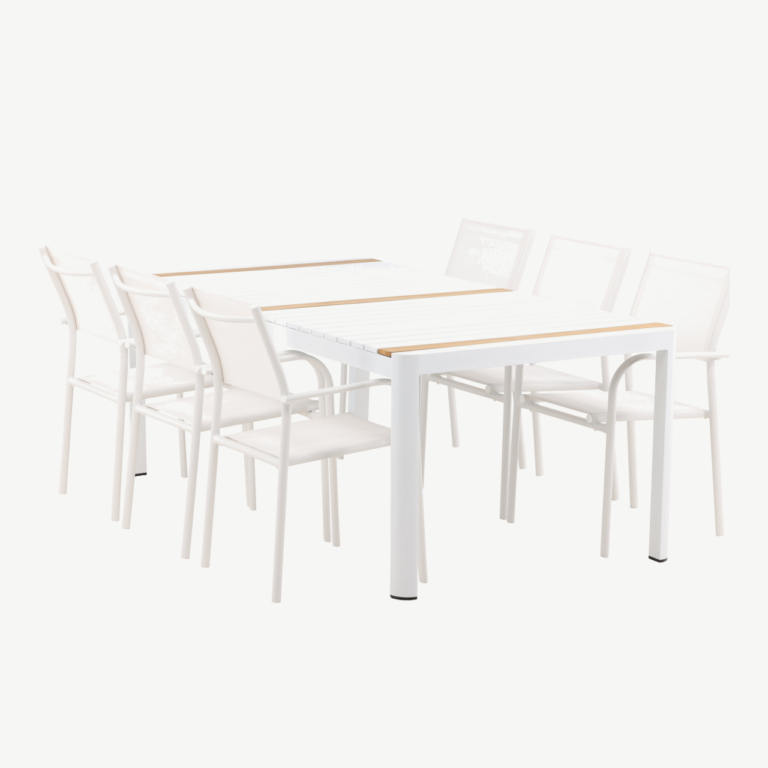 Togo aiaköögi söögilaud (valge/tiigipuu, 200×100 cm) ja Santorini virnastatavad toolid (valge alumiinium, tekstiilne iste) - GR22756