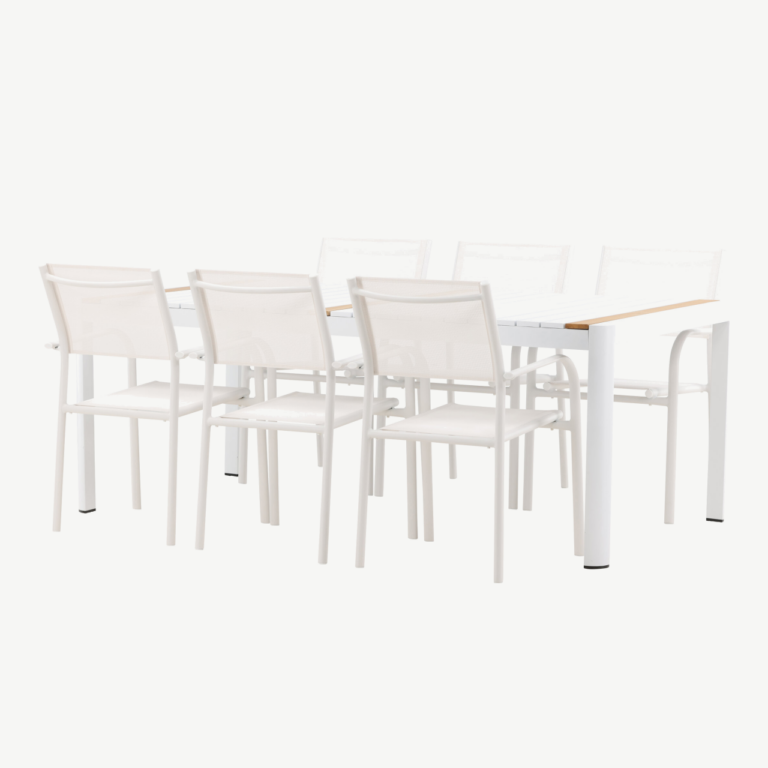 Togo aiaköögi söögilaud (valge/tiigipuu, 200×100 cm) ja Santorini virnastatavad toolid (valge alumiinium, tekstiilne iste) - GR22756