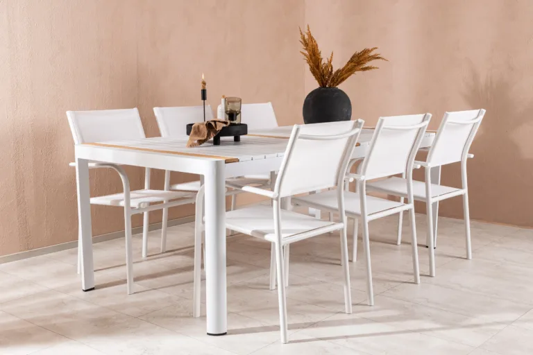 Togo aiaköögi söögilaud (valge/tiigipuu, 200×100 cm) ja Santorini virnastatavad toolid (valge alumiinium, tekstiilne iste) - GR22756