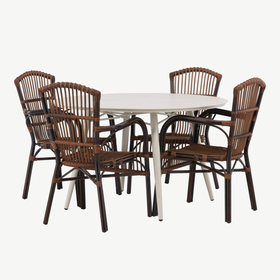 Ümmargune söögilaua komplekt Lina – beež alumiiniumlaud ja 4 pruuni punutud Galera tooli, GR23428 – 2