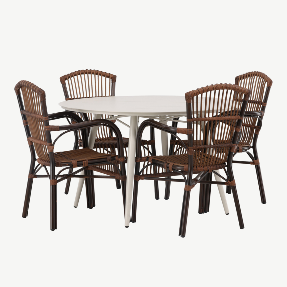 Ümmargune söögilaua komplekt Lina – beež alumiiniumlaud ja 4 pruuni punutud Galera tooli, GR23428 – 3