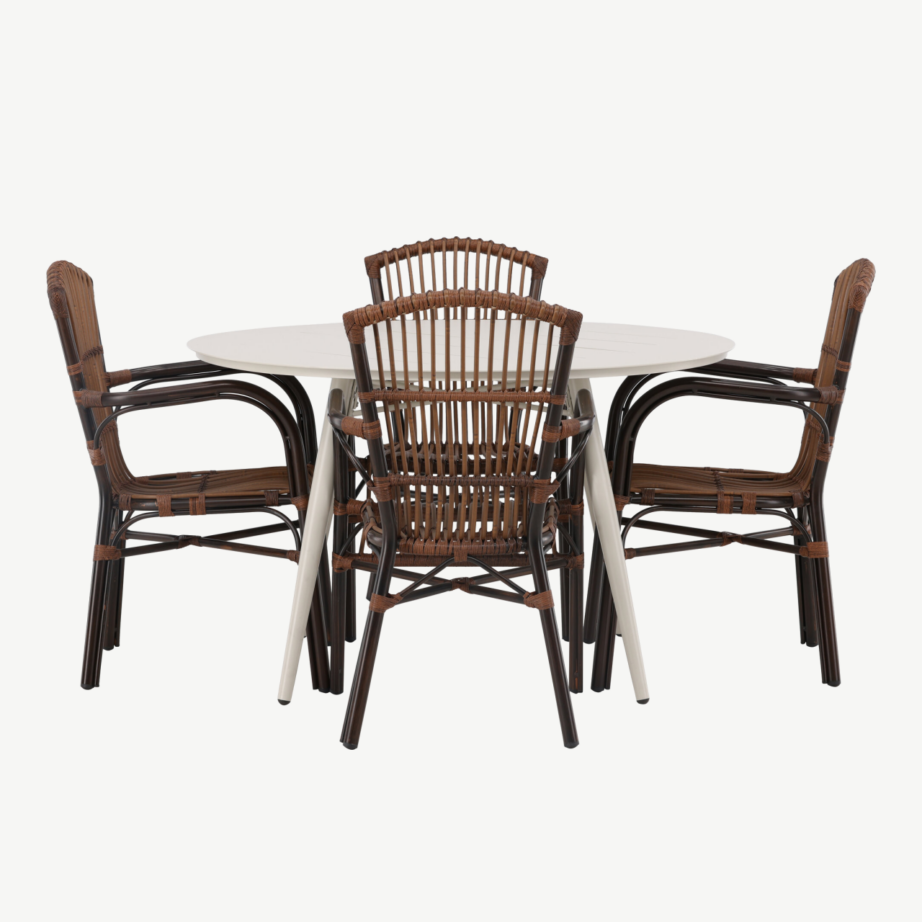 Ümmargune söögilaua komplekt Lina – beež alumiiniumlaud ja 4 pruuni punutud Galera tooli, GR23428 – 4