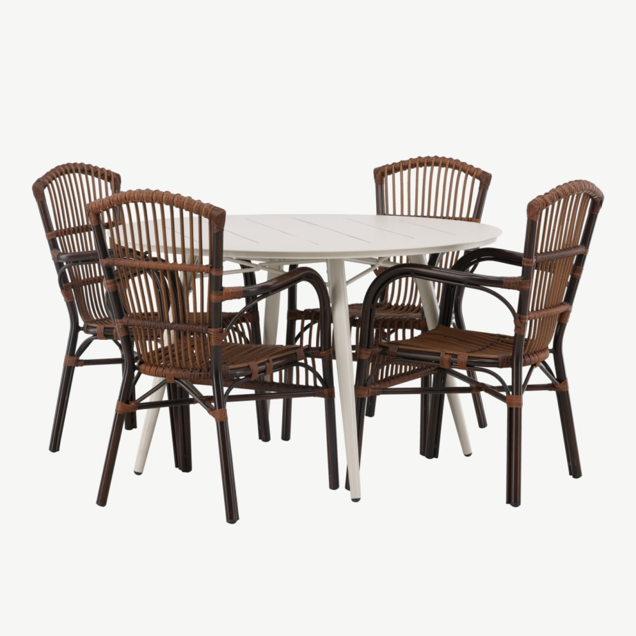 Ümmargune söögilaua komplekt Lina – beež alumiiniumlaud ja 4 pruuni punutud Galera tooli, GR23428 – 5