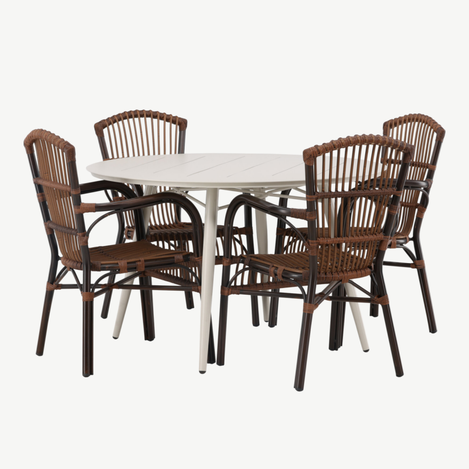 Ümmargune söögilaua komplekt Lina – beež alumiiniumlaud ja 4 pruuni punutud Galera tooli, GR23428 – 6