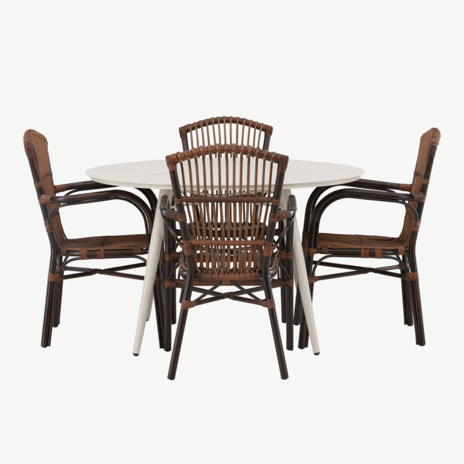 Ümmargune söögilaua komplekt Lina – beež alumiiniumlaud ja 4 pruuni punutud Galera tooli, GR23428 – 7