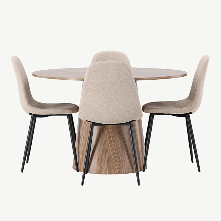 Ümmargune söögilaud Lanzo (MDF, ø120 cm) ja Polar söögitoolid (beež buklee, mustad jalad) - GR23560