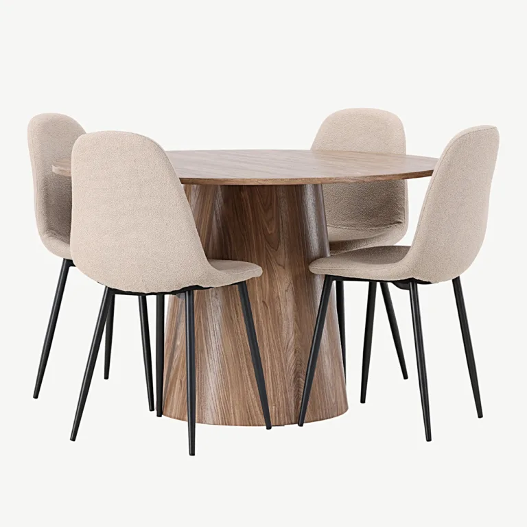 Ümmargune söögilaud Lanzo (MDF, ø120 cm) ja Polar söögitoolid (beež buklee, mustad jalad) - GR23560