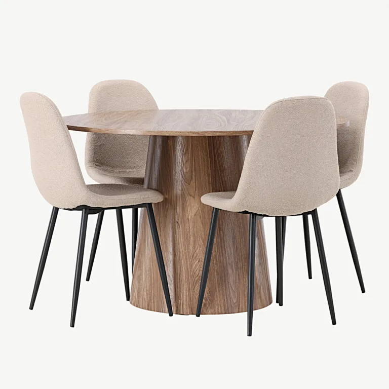 Ümmargune söögilaud Lanzo (MDF, ø120 cm) ja Polar söögitoolid (beež buklee, mustad jalad) - GR23560