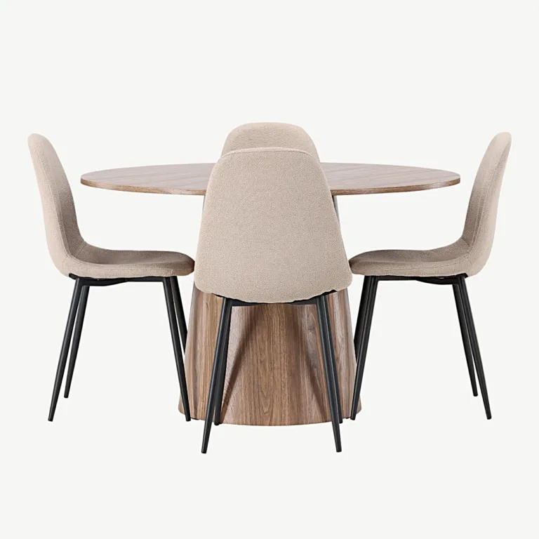 Ümmargune söögilaud Lanzo (MDF, ø120 cm) ja Polar söögitoolid (beež buklee, mustad jalad) - GR23560