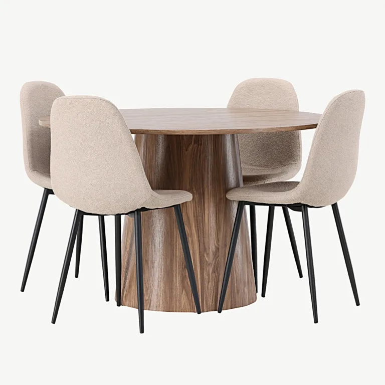 Ümmargune söögilaud Lanzo (MDF, ø120 cm) ja Polar söögitoolid (beež buklee, mustad jalad) - GR23560