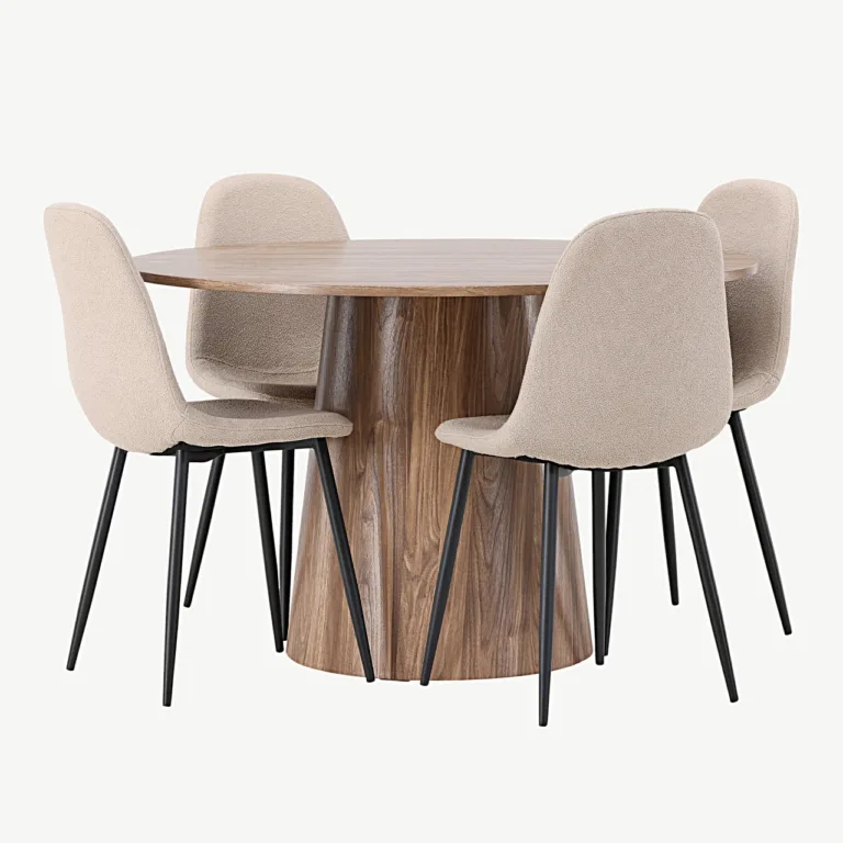 Ümmargune söögilaud Lanzo (MDF, ø120 cm) ja Polar söögitoolid (beež buklee, mustad jalad) - GR23560