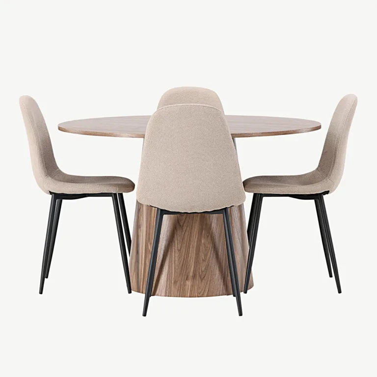 Ümmargune söögilaud Lanzo (MDF, ø120 cm) ja Polar söögitoolid (beež buklee, mustad jalad) - GR23560