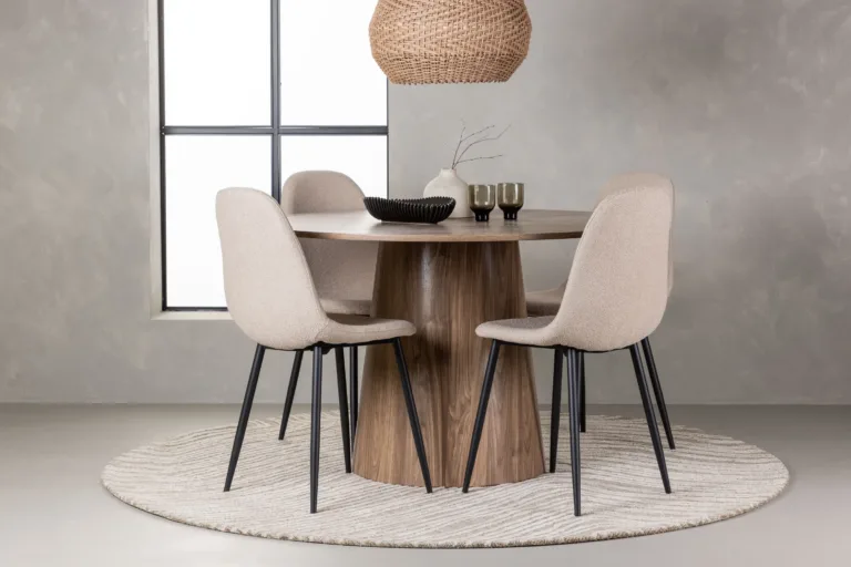 Ümmargune söögilaud Lanzo (MDF, ø120 cm) ja Polar söögitoolid (beež buklee, mustad jalad) - GR23560