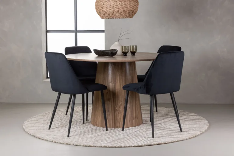 Ümmargune söögilauakomplekt Lanzo (MDF, ø120 cm) ja mustad sametist Night toolid - GR23561