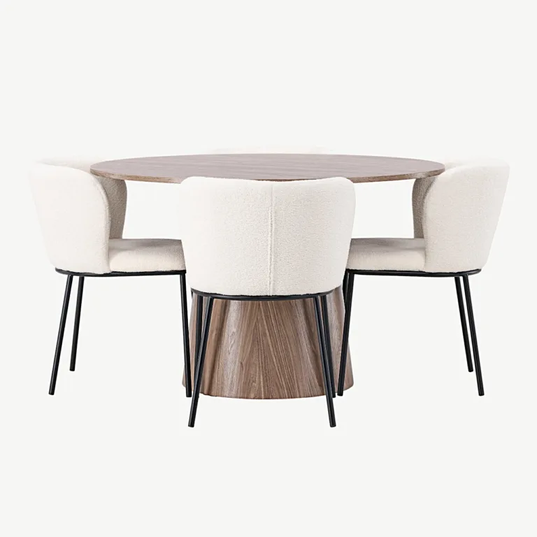Ümmargune söögilauakomplekt Lanzo MDF (ø120 cm) ja Edina valge bukleekattega toolid - GR23562