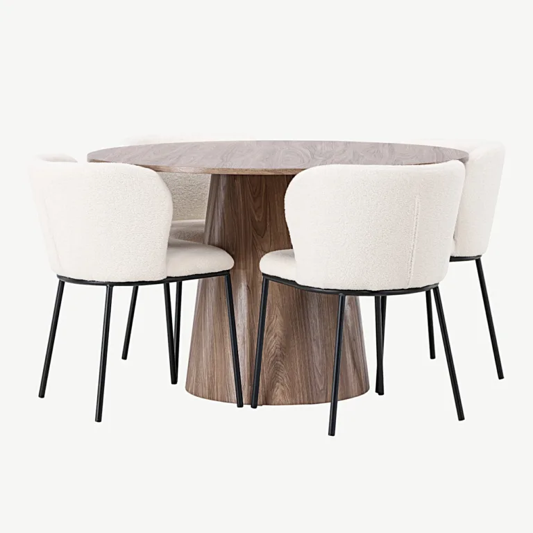Ümmargune söögilauakomplekt Lanzo MDF (ø120 cm) ja Edina valge bukleekattega toolid - GR23562