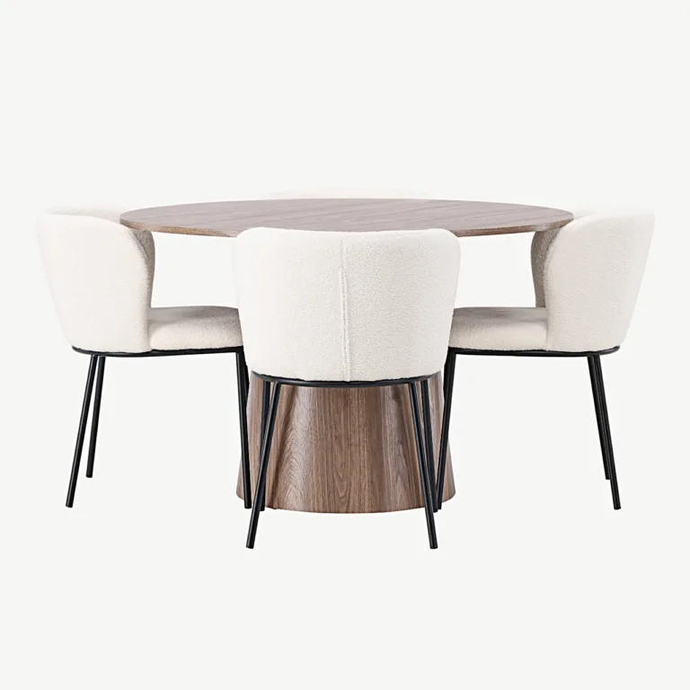 Ümmargune söögilauakomplekt Lanzo MDF (ø120 cm) ja Edina valge bukleekattega toolid - GR23562