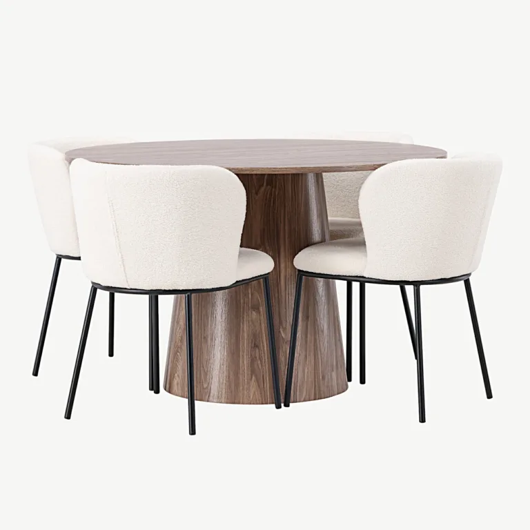 Ümmargune söögilauakomplekt Lanzo MDF (ø120 cm) ja Edina valge bukleekattega toolid - GR23562