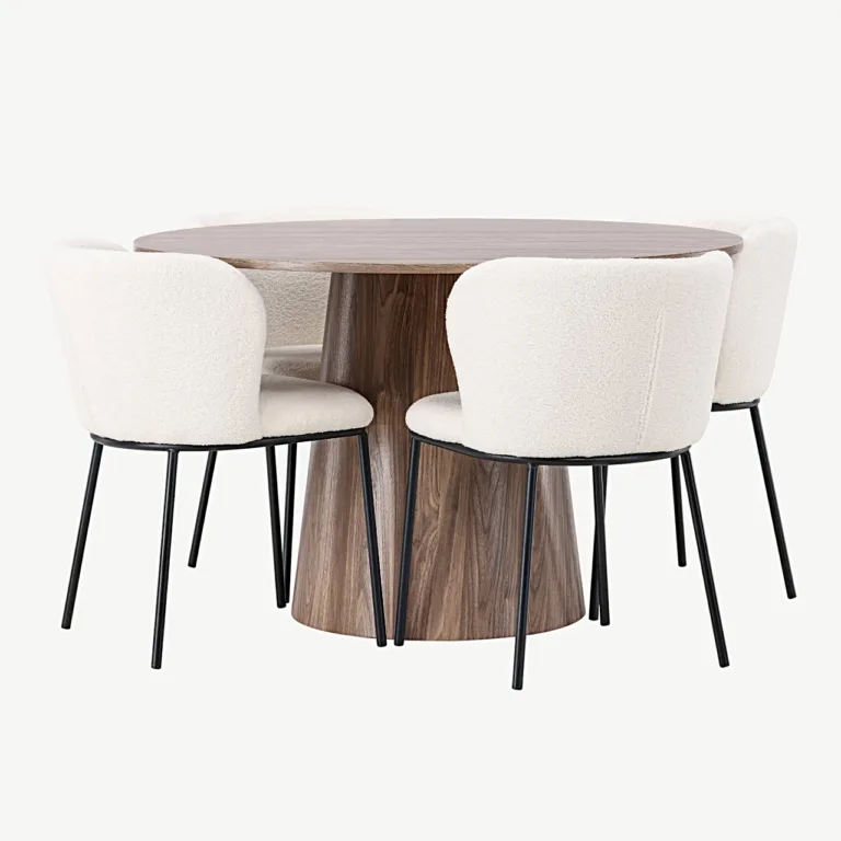 Ümmargune söögilauakomplekt Lanzo MDF (ø120 cm) ja Edina valge bukleekattega toolid - GR23562