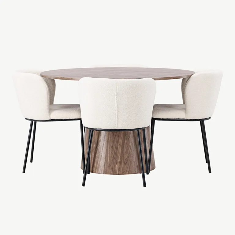 Ümmargune söögilauakomplekt Lanzo MDF (ø120 cm) ja Edina valge bukleekattega toolid - GR23562