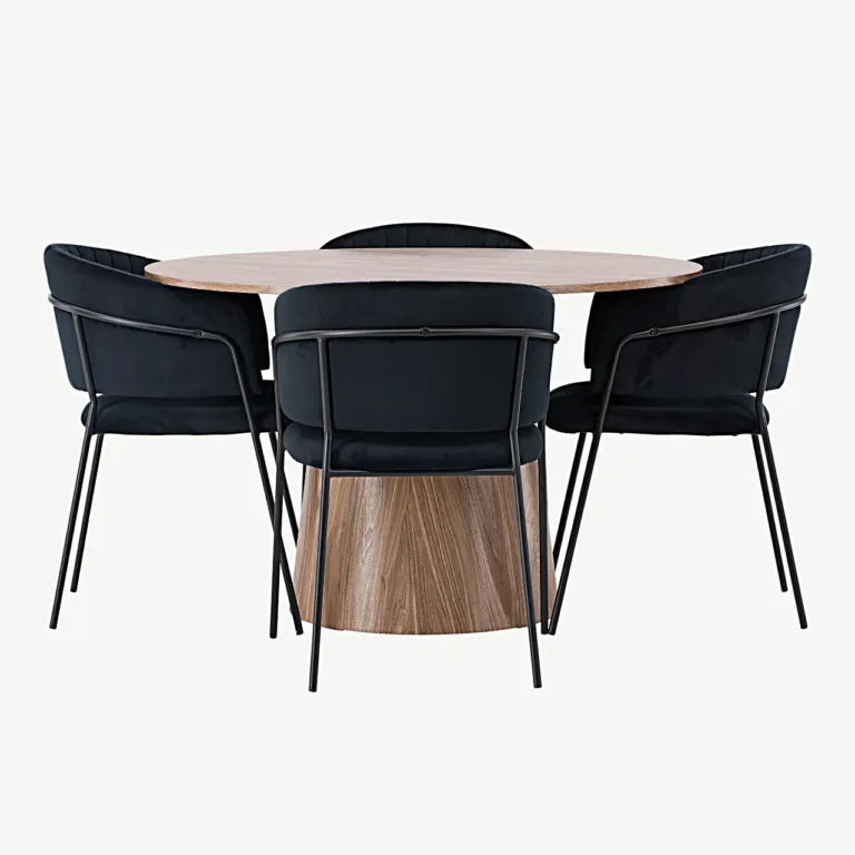 Ümmargune söögilaud Lanzo (ø120 cm, MDF) ja mustad sametist toolid Selma - GR23566